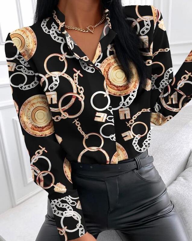 Camisa elegante feminina barroco cachecol impressão manga longa botão para baixo design diário moda trabalho escritório senhora vintage casual topo