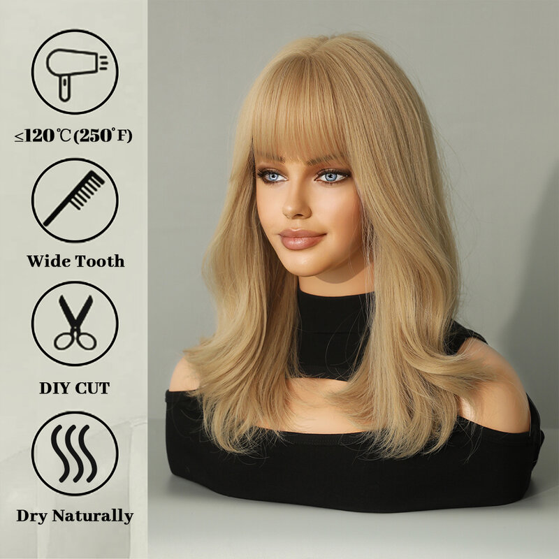 Blonde Wave Women Wig with Air Bangs Shoulder Length Heat Resistant Synthetic Wigs Cosplay Lolita Costume Party Daily Fake Hair
