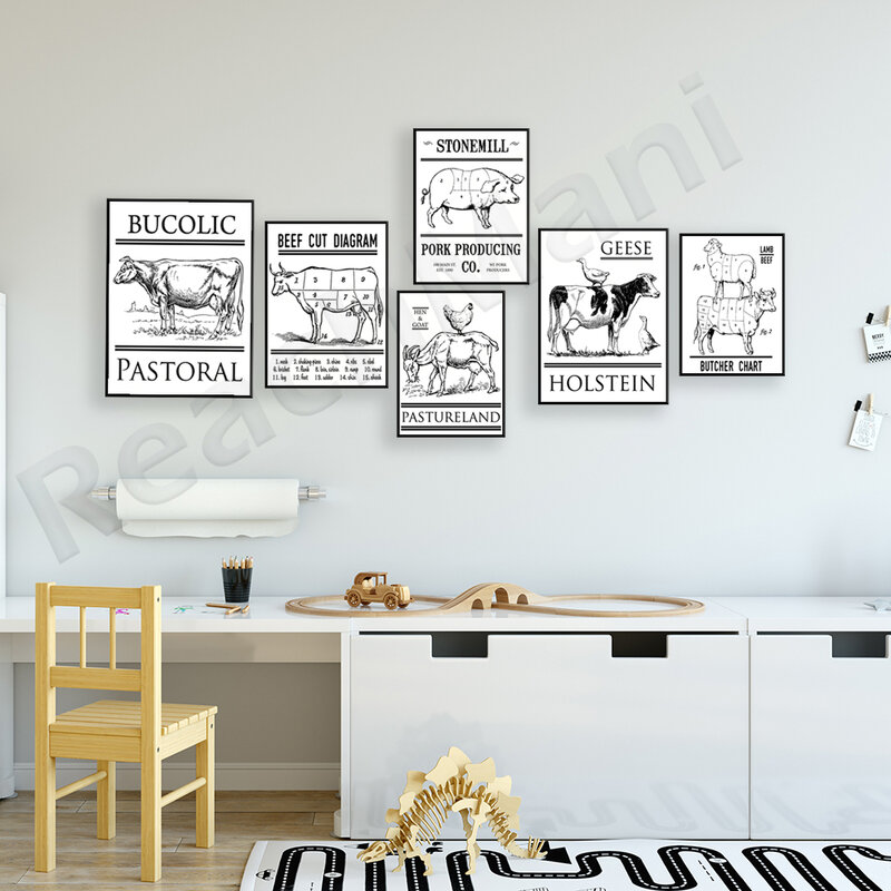 ブタン図豚羊の肉切り図ポスター、牛の部品、オウムの生産ロゴ、農場動物羊グースのイラスト