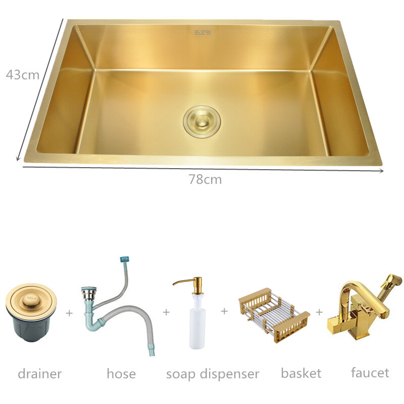 78x43cm ouro pia da cozinha com prateleira inferior ouro dispensador de sabão e acessórios conjunto undermount aço inoxidável pia tigela
