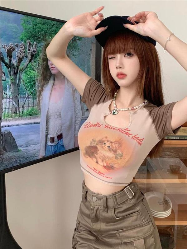 Seeslim Sexy Skinny Graphic Tees Women Crop Top Short Sleeve Print Cat Cute Korean Fashion 2022 Summer Grunge Aesthetic Cropped