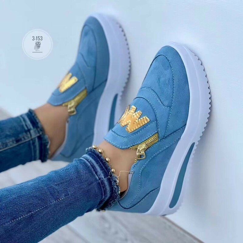 Sneakers Kasual Wanita M Platform Ritsleting Samping Cetak Sepatu Vulkanis Ukuran Plus Zapatillas Mujer Sapato Platainoma Feminino