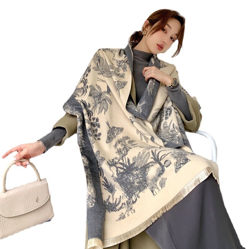Bufanda de cachemir de diseño de lujo para mujer, manta de Pashmina cálida, Bufanda de flores y plantas, chal grueso para invierno