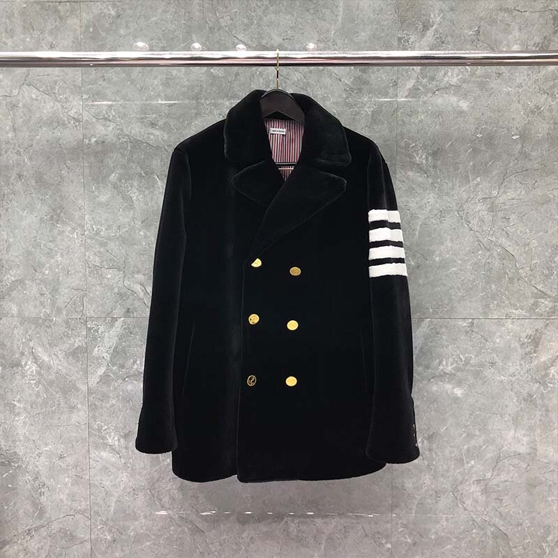 TB THOM-abrigos de invierno para hombre, chaqueta de Cachemira de visón auténtico, marca de moda, cizalla teñida en negro, abrigo de 4 barras con doble botonadura y botones