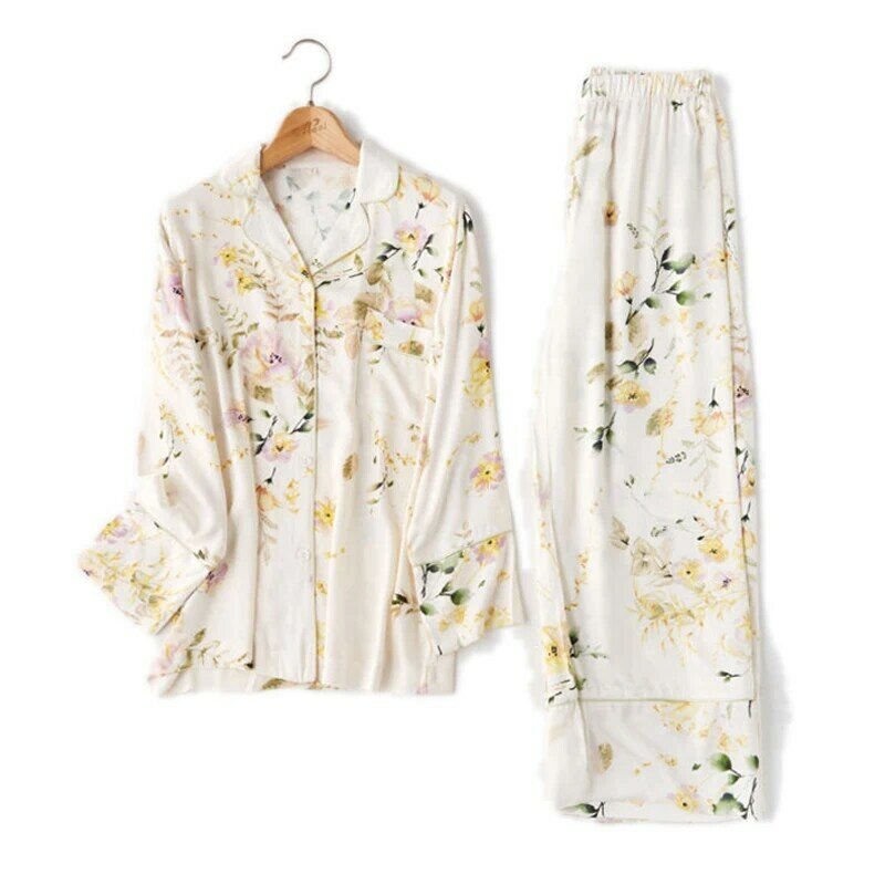 Mulher de manga comprida pijamas calças define lapela viscose sleepwear feminino duas peças pijamas senhoras camisola roupa de casa