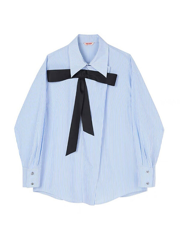Damska bluzka z długim rękawem solidna koszulka Polo biurowa, damska słodka kokarda góra wiosna swobodny szyk nieregularne jednorzędowe bluzki Mujer