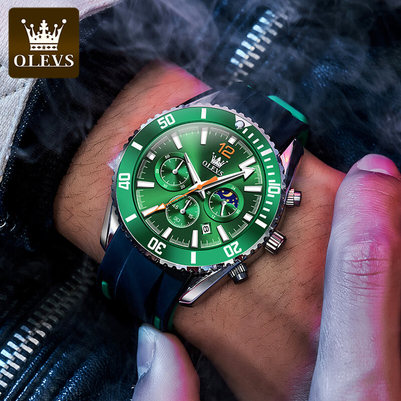OLEVS Fashion Quartz Watch for Men Multifunctional Three-eye Six-hand Silicone Strap Waterproof Men Wristwatch Luminous Calendar