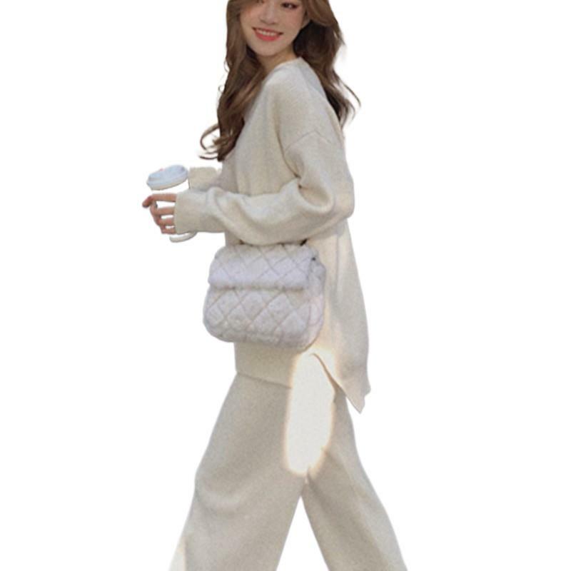 Hohe Taille Stricken Gerade Hosen Casual Solide Pullover Pullover Zwei Stück Set Frauen Frühling Koreanische Mode Trainingsanzug Anzug Für Frauen