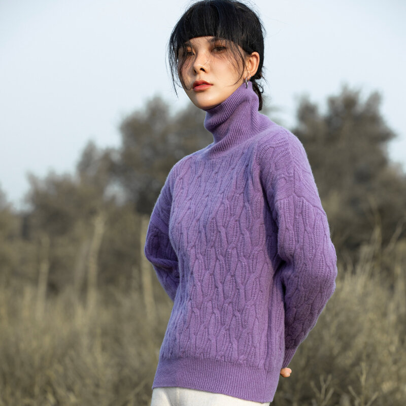 Nowy jesienno-zimowy golf damski jednokolorowy Twist luźny sweter koreański, dzianinowy wełniany długa koszula