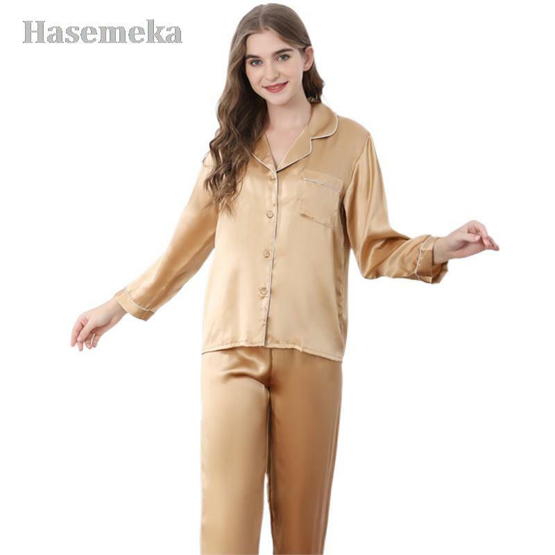 Pijama de 2 piezas de seda de mora para mujer, ropa de casa, conjuntos de ropa de dormir de manga larga para niña, 100%
