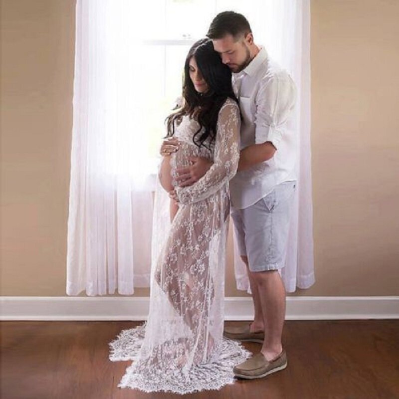 Vestido de encaje para mujeres embarazadas, maxivestido de maternidad con abertura frontal, falda de encaje blanco y negro, accesorio de fotografía, Verano