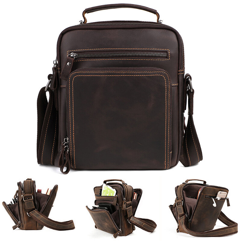 Men Top Layer Cowhide Genuine Leather Shoulder Bag Handbags Business Travel Retro Messenger Sling Bags Crossbody Pack for Male