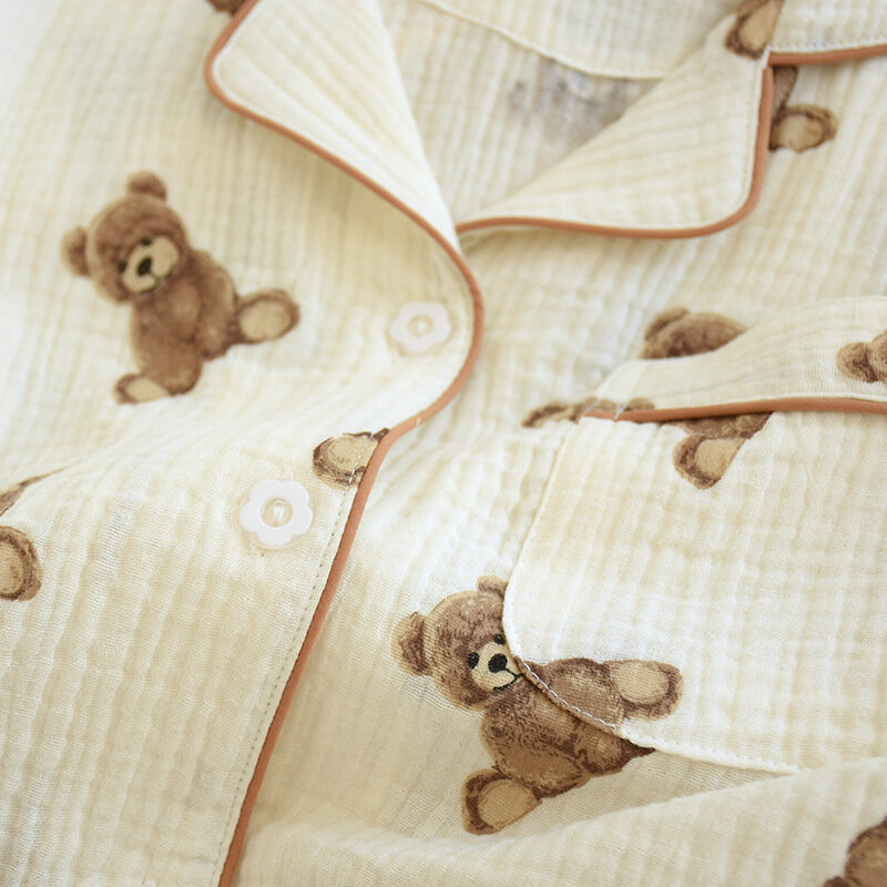 Женский пижамный комплект из двух предметов, стильная домашняя одежда в мультяшном стиле с вареным крепированным отложным воротником, тонкие брюки с длинным рукавом, хлопковый комплект из двух марлей для весны и осени