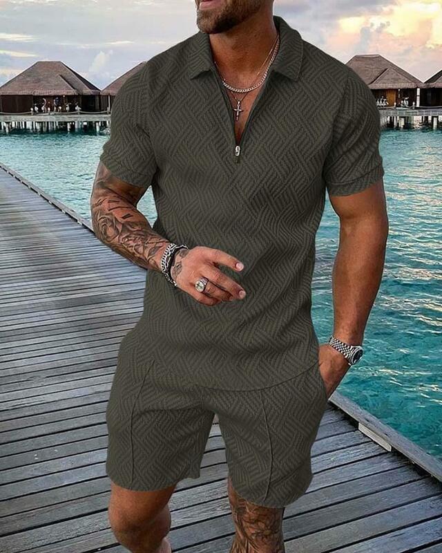 New Trend Men's Hawaiian Suit Summer Short Sleeve Zipper POLO Shirt Beach Shorts Casual Travel Men's 2 Piece Set