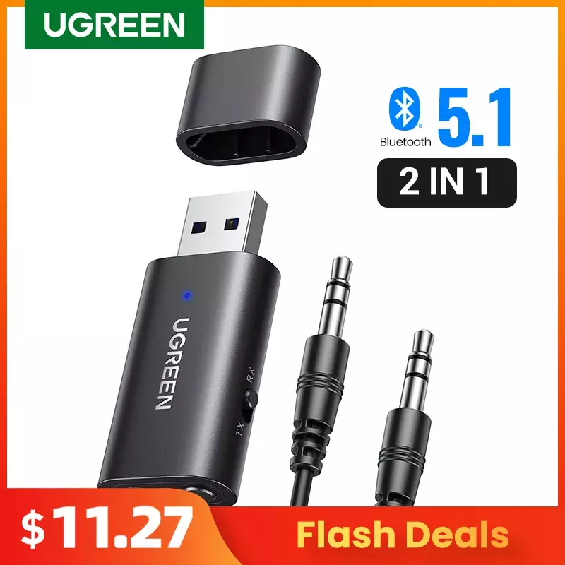 U-G-REEN 2 in 1 Bluetooth Car Adapter Bluetooth 5.1 Stereo Transmitter Receiver Wireless 3.5mm Aux Jack Adapter Car Kit Mic