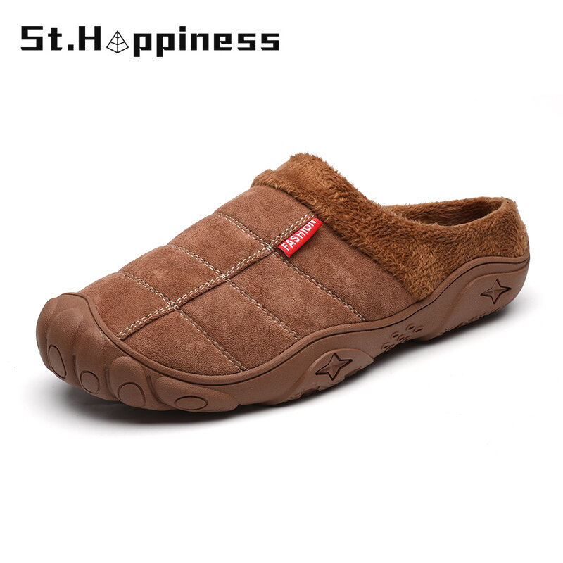 2021 New Men's Slippers Home Winter Indoor Warm Shoes Thick Bottom Plush Waterproof Leather House Slippers Cotton Shoes Big Size