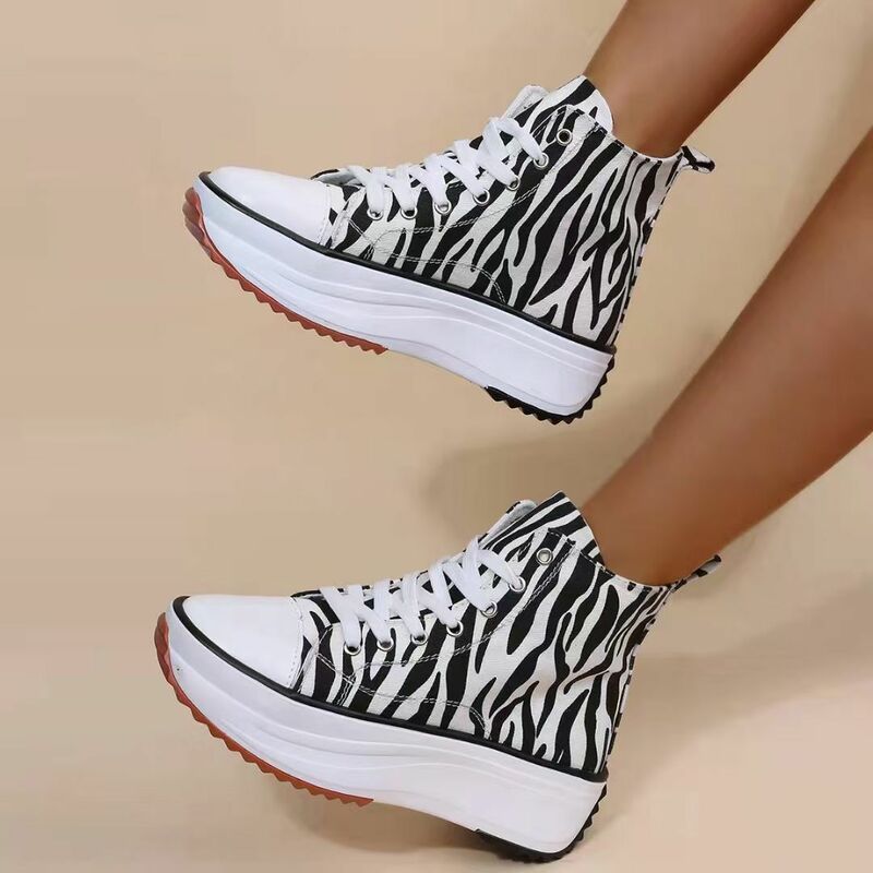 2022 nova alta superior sapatos de plataforma das mulheres sapatos de lona padrão de zebra novo estilo feminino sapatos casuais alta superior feminino tênis