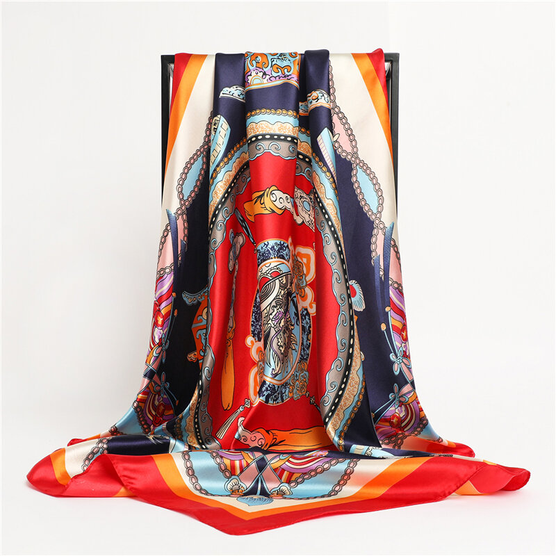 女性用プリントサテンスカーフ,イスラム教徒の女性用スカーフ,正方形,90x90cm,カチ,バンダナ2021