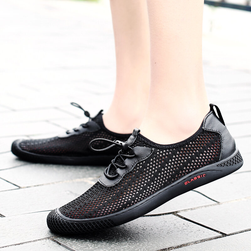 Men Comfy Soft New Fashion First Layer Cowhide Joined Mesh Cloth Casual Shoes Male Summer Hollow Breathable Classic Leisure Shoe