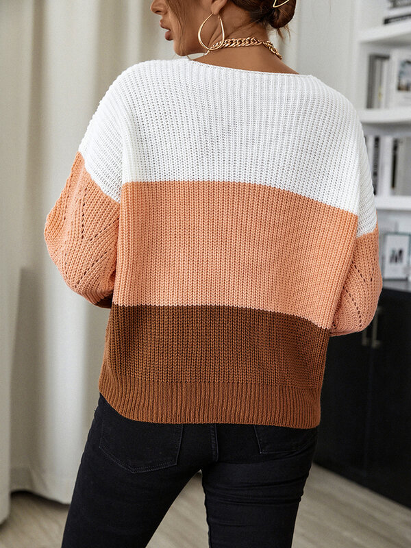 NOOSGOP White Brown Striped V Neck Loose Fitting Cutting Hollow Out Stitching Knit Women Pullover Sweater