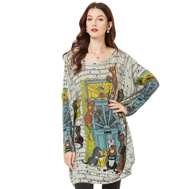 Женский трикотажный свитер средней длины, Свободный пуловер с длинным рукавом и принтом, зимняя одежда