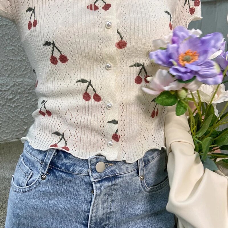 Summer Cherry Sweater Short Sleeve Top Tops Spring Korea Women's T-shirt Dropshipping 2022 Best Selling Products Queen of Crop