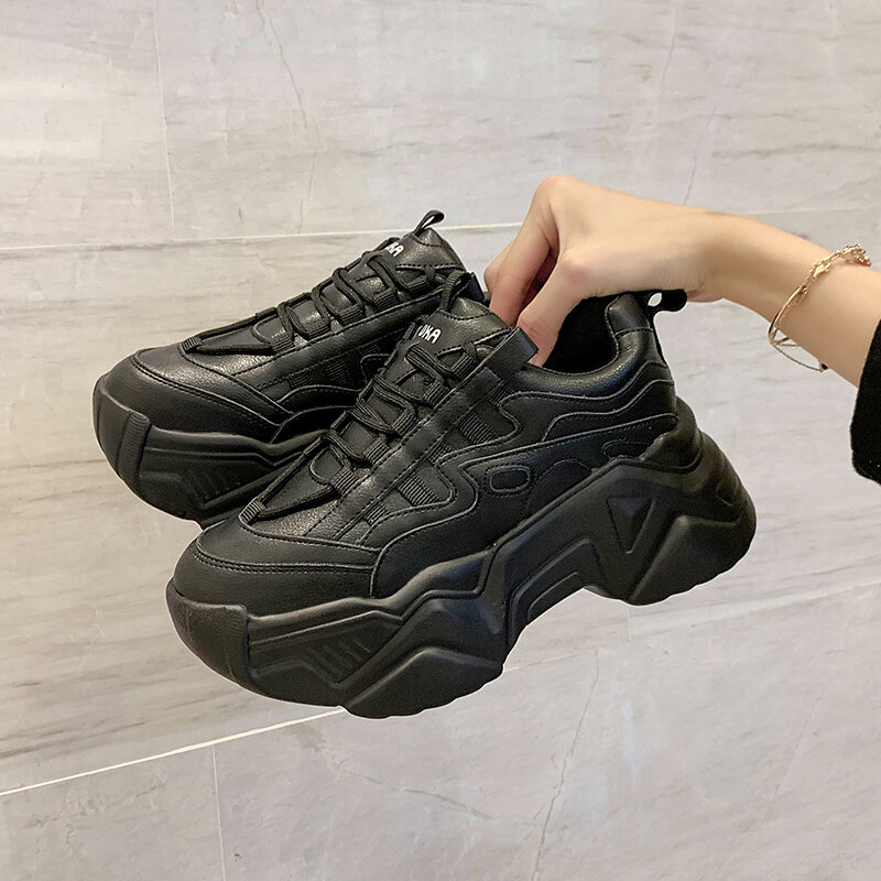 Zapatillas gruesas vulcanizadas para mujer, zapatos informales de plataforma alta con cordones, color negro, 2020