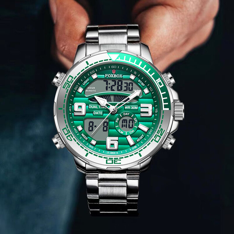 Marca de luxo lige relógio esporte digital para homem banda aço à prova dwaterproof água cronógrafo despertador luminoso quartzo relógio de pulso masculino