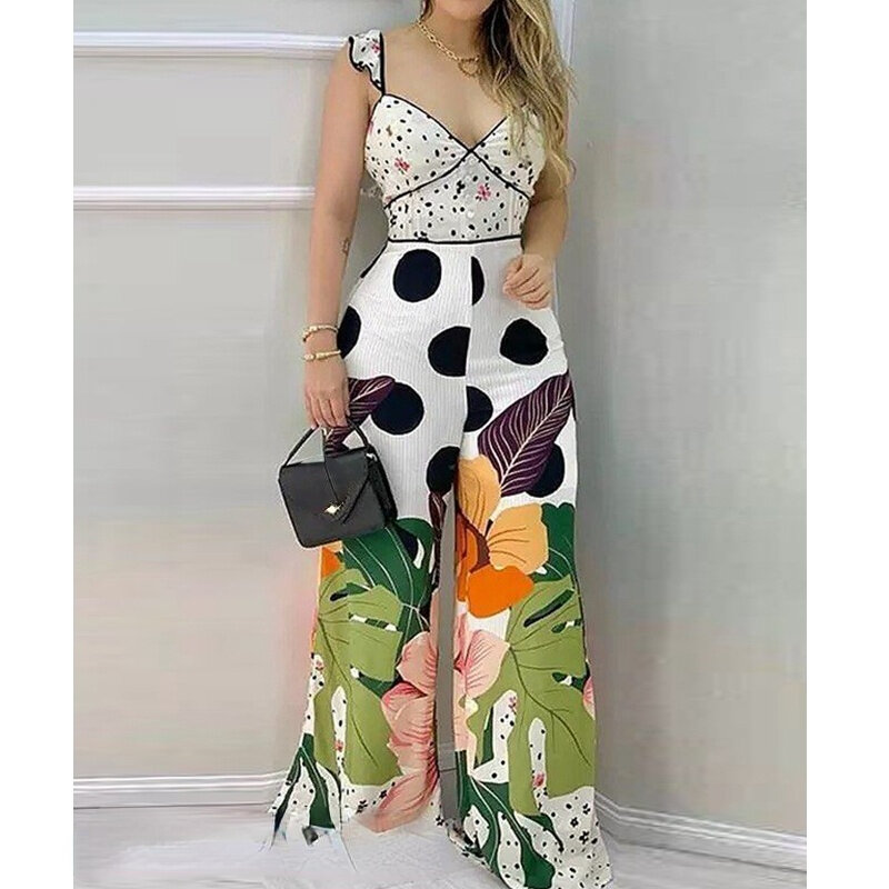 Sexy Sleeveless V-neck Low Cut Jumpsuits Printed Fashion Women's New Style Wide Leg Pants Jumpsuits High Waist Slim 2022 Summer