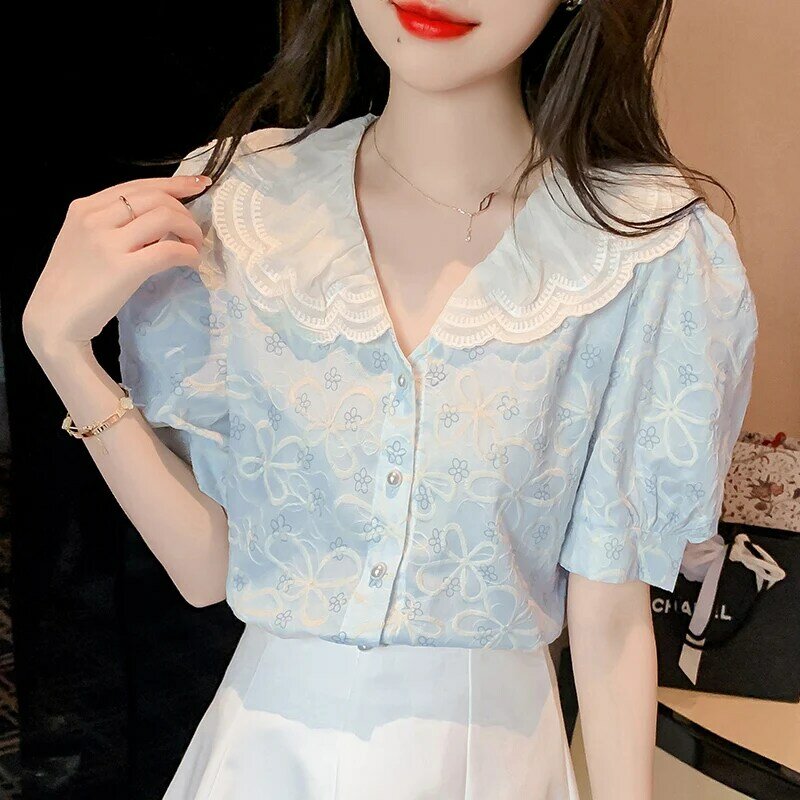 Camicie con ricamo floreale top estivi da donna colletto Peter Pan Mujer elegante elegante stile coreano dolce Design adorabile Vintage nuovo