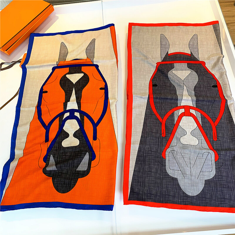 Marca de luxo sarja seda grande cachecol feminino cor correspondência cavalo impresso bandana quadrado xale moda cachecóis muçulmano hijab 90cm