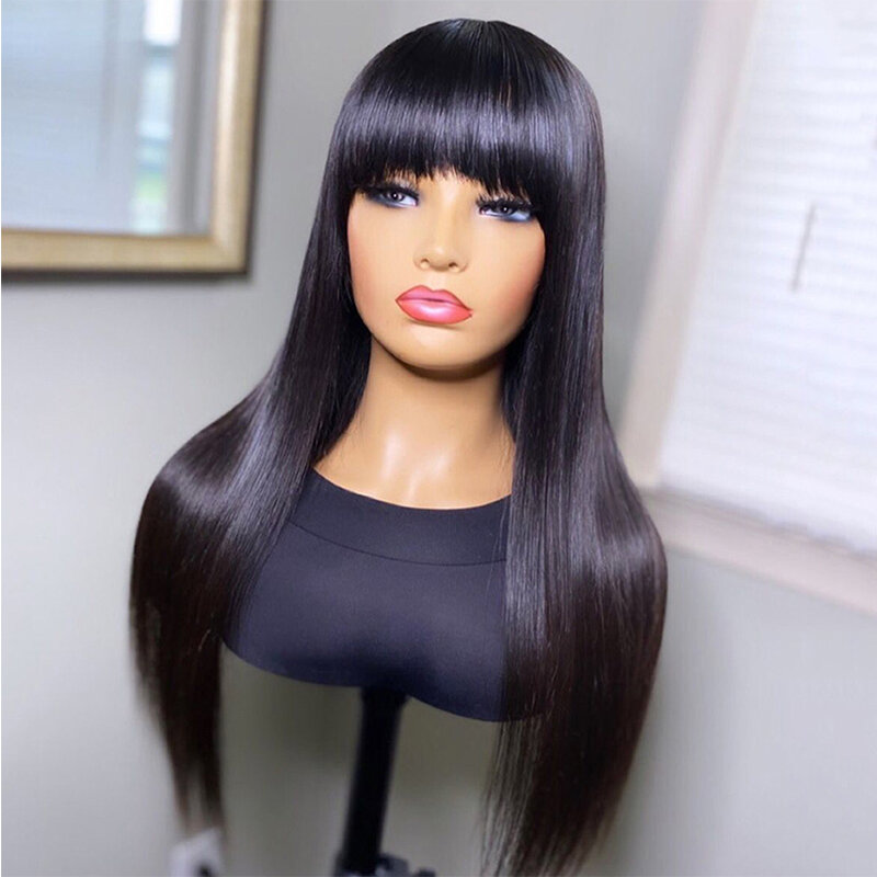 Soft 26 inch Natural Black Long Silky Straight Synthetic Machine WigWith Bangs For Black Women Glueless Cosplay Heat Fiber Wig