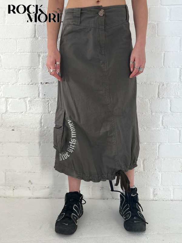 Rockmore Harajuku Casual Straight Cargo Skirts Long Women Y2K Vintage Drawstring Print Loose Maxi Skirt Fairycore Grunge Outfits