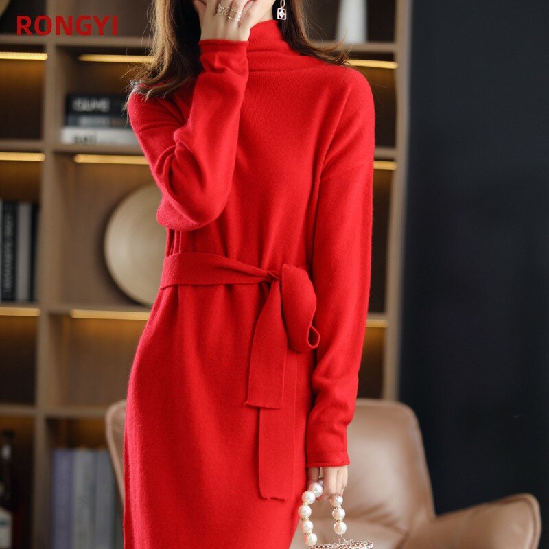 Rongyi 100% lã feminina primavera e outono gola alta pulôver moda cinto saia longa vestindo uma cor sólida malha topo