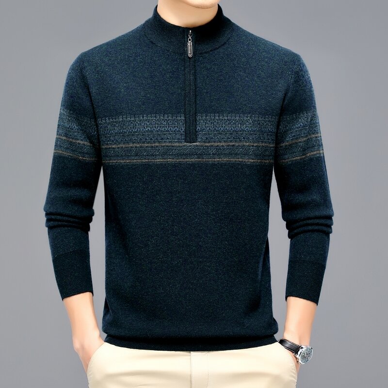 Осенне-зимний высококачественный шерстяной свитер 100% чистая шерсть водолазка на молнии жаккардовые утепленные мужские пуловеры