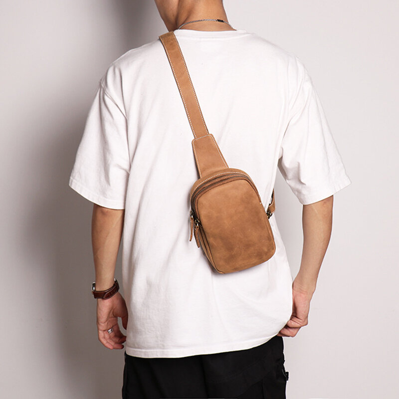 LEATHFOCUS Men's Chest Pack Shoulder Bag Genuine Leather Casual Daily Mini Phone Bag Luxury Design Retro Chest Bag