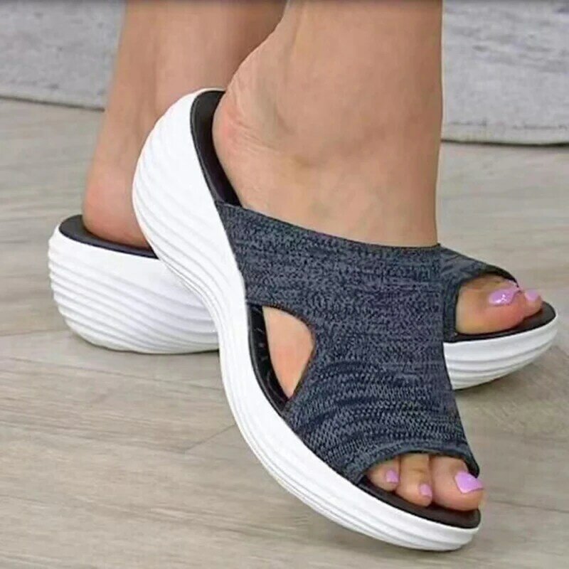 Tecido de malha sandálias femininas 2022 novas sandálias de fundo grosso senhoras sapatos de caminhada macio deslizamento em sapatos mulher praia feminino chinelo