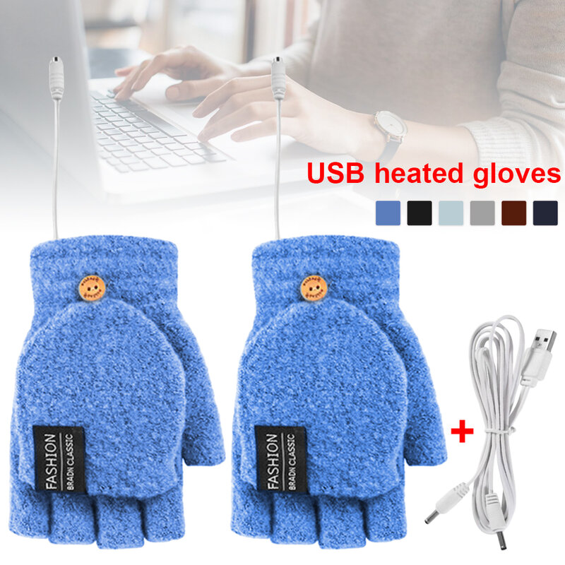 2-Side Heating Convertible Fingerless Glove USB Electric Heated Gloves Knitted Mittens Adjustable Heat Waterproof Cycling Skiing