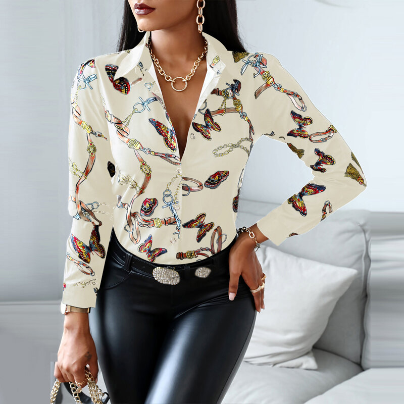 2021 nowa damska bluzka moda seksowna kwiecista bluza z nadrukiem damska elegancka dekolt w serek luźne koszule z długim rękawem