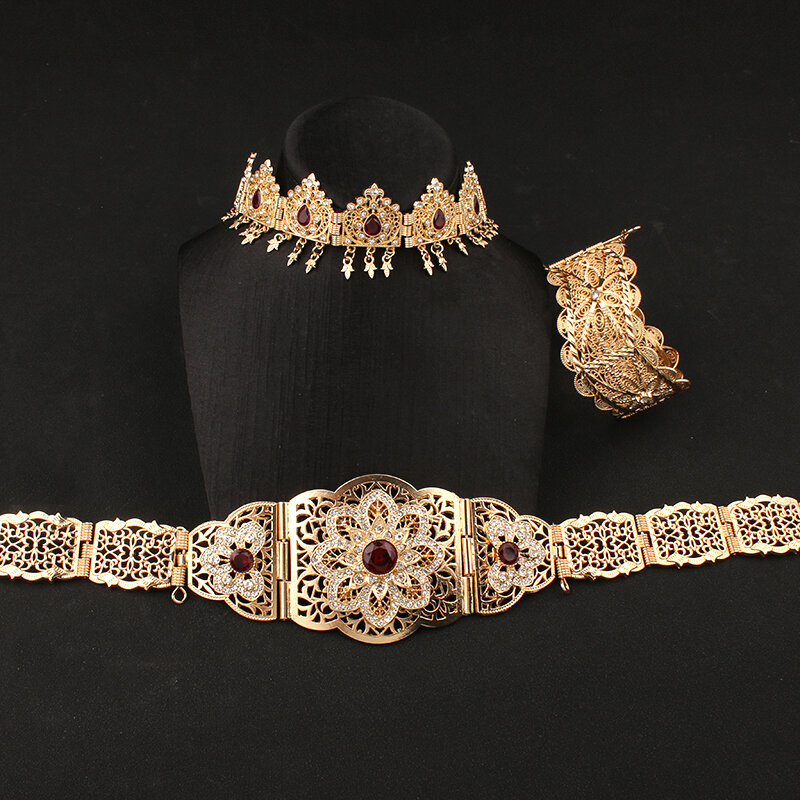 Algierski zestaw biżuterii ślubnej marokański Kaftan pas ślubny złoty kolor bransoletka mankietowa muzułmański arabski stroik ślubny łańcuch głowy
