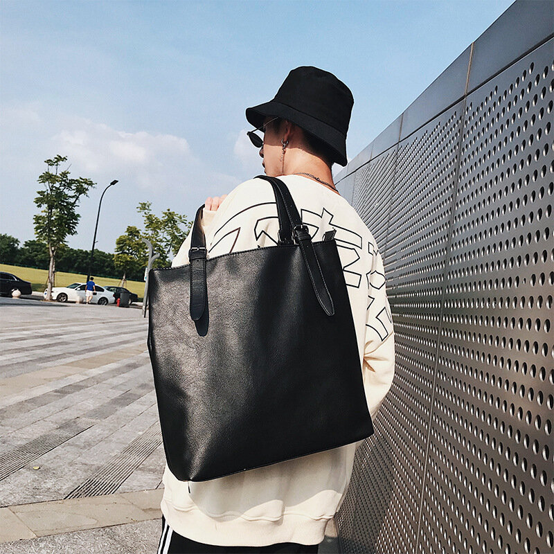 PU Black Soft Leather Handbag for Men Casual Fashion Portable Underarm Tote Bag Large Capacity Zipper Unisex Laptop Bag 가죽쇼퍼백