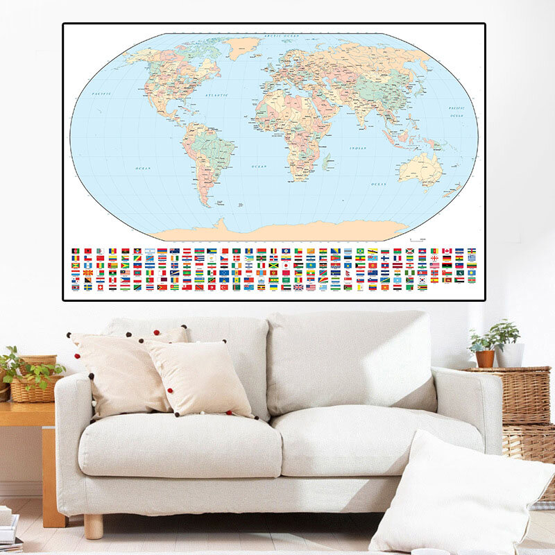 Mapa del mundo con banderas nacionales, lienzo no tejido ecológico, Impresión de pared, Póster Artístico, decoración del hogar, 225x150cm