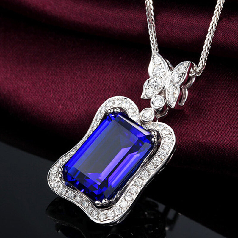Luxury Full Diamond Micro-set Butterfly Rectangular Sapphire Pendant Women's Jewelry Clavicle Chain Necklace Women