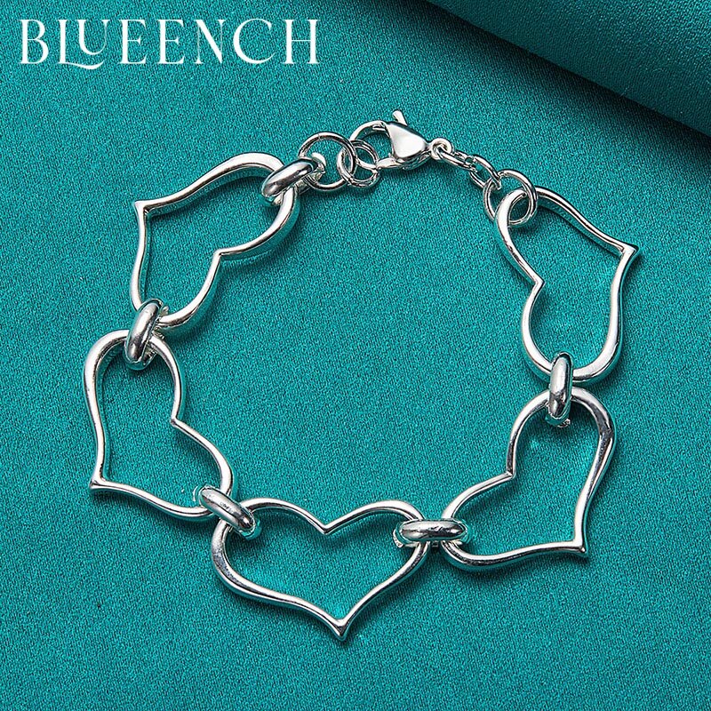 Blueench 925 Sterling Silver Heart Link สร้อยข้อมือสำหรับสตรี Party งานแต่งงานแฟชั่นเครื่องประดับ Charm