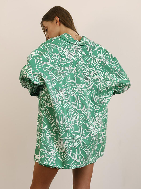 Hiloc-Pijama feminino com estampa verde, cintura alta, roupa de casa feminina, mangas compridas, gola virada para baixo, novo, 2 peças, 2023