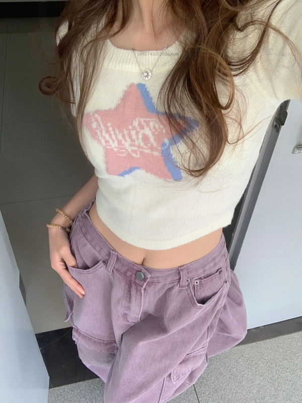 Overs ize lila Arbeit Cargo Jeans koreanische Frauen Frühling Sommer hohe Taille lose weites Bein Baggy Pants Harajuku Vintage Hose