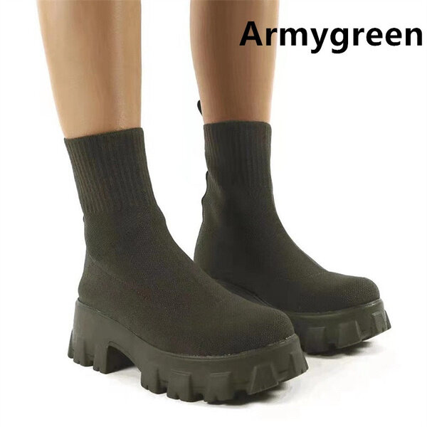 Sepatu Kaus Kaki Modis Musim Gugur Musim Dingin untuk Wanita Sepatu Bot Platform Kasual Sebetis Bahan Kain Elastis Sepatu Bot Pendek Rajutan Jaring UE 36-43