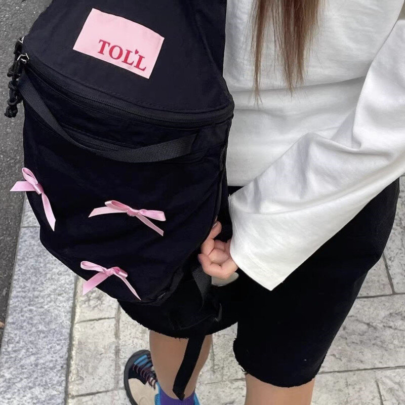 حقائب الظهر النسائية الكورية نمط Preppy ، حقائب حمل سعة كبيرة ، تصميم القوس ، عادية ، تنوعا ، أسود
