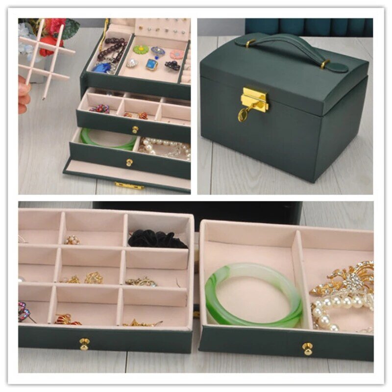 Grande capacidade caixas de jóias com bloqueio de couro três camadas jóias organizador caixa colar brincos titular caixa de armazenamento