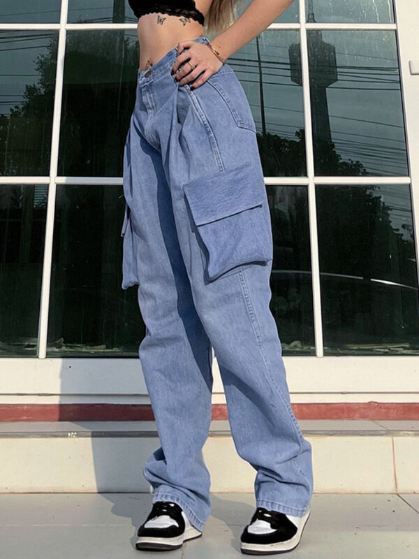 WeiYao Koreanische Mode Hohe Taille Harem Denim Hosen Große Taschen Stich Cargo Jeans Frau Casual Baggy Hippie Streetwear Böden